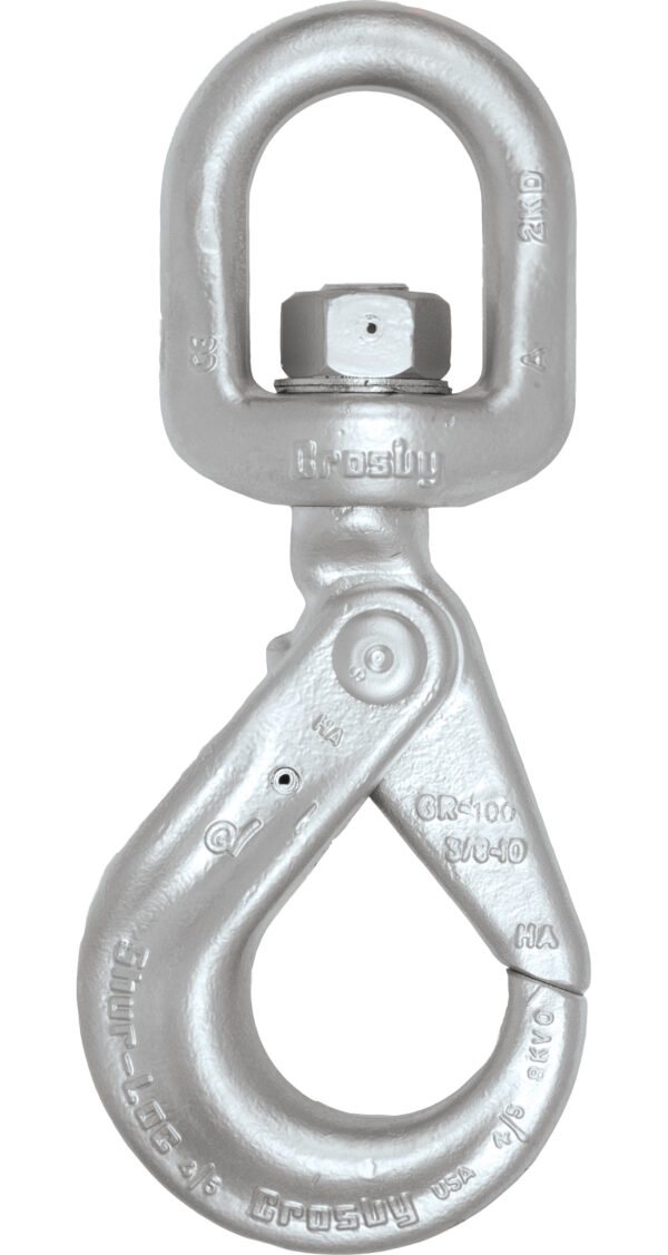 Heavy-duty lifting eye hook with swivel and secure latch for industrial applications.