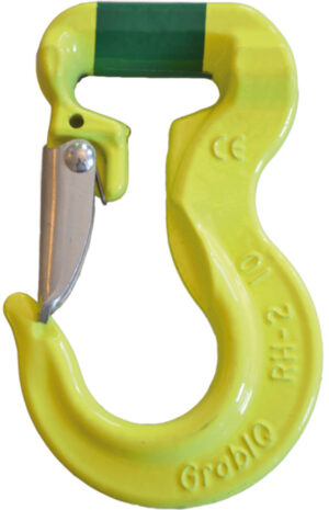 Yellow industrial safety hook with a silver latch, marked with GrabIQ for secure lifting and rigging tasks.
