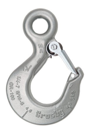 Heavy-duty metal lifting hook with safety latch, ideal for industrial and construction use.
