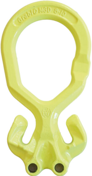 Yellow metal lifting hook for industrial use, marked with GrabIQ MGD 8-10, offers secure load handling.