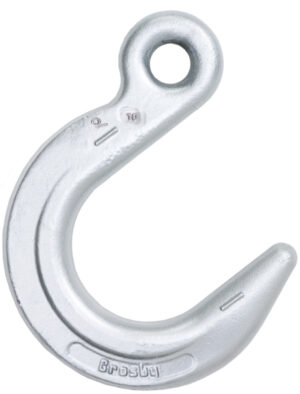 Silver metal lifting hook with hole, durable construction for heavy-duty applications. Brand name engraved.