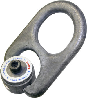 Heavy-duty swivel hoist ring with torque specifications visible, designed for secure lifting operations.