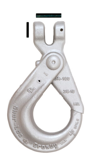 Heavy-duty metal hook with detachable pins for industrial use. Durable and reliable design for secure lifting operations.
