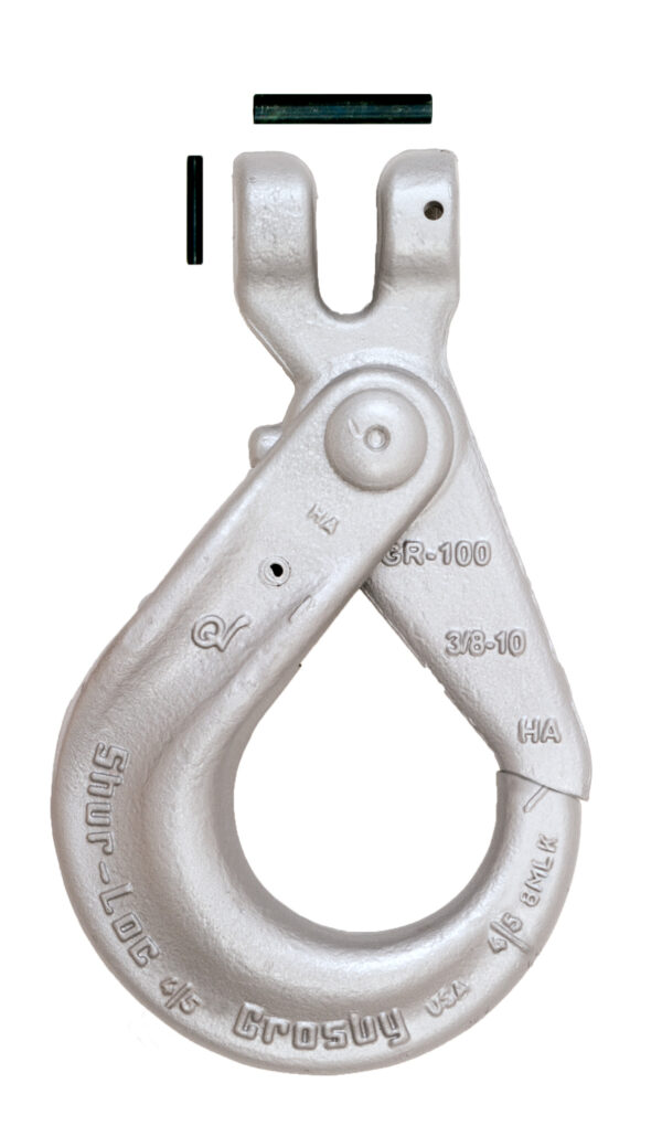 Heavy-duty metal hook with detachable pins for industrial use. Durable and reliable design for secure lifting operations.