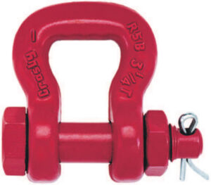 Red industrial shackle with a bold design, featuring the brand name and size imprint on its surface.