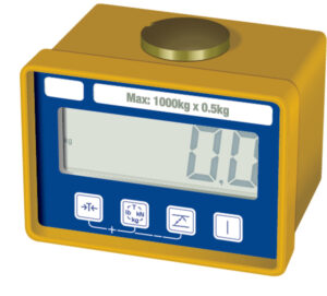 Digital scale display with 1000kg capacity, yellow casing, showing zero weight.