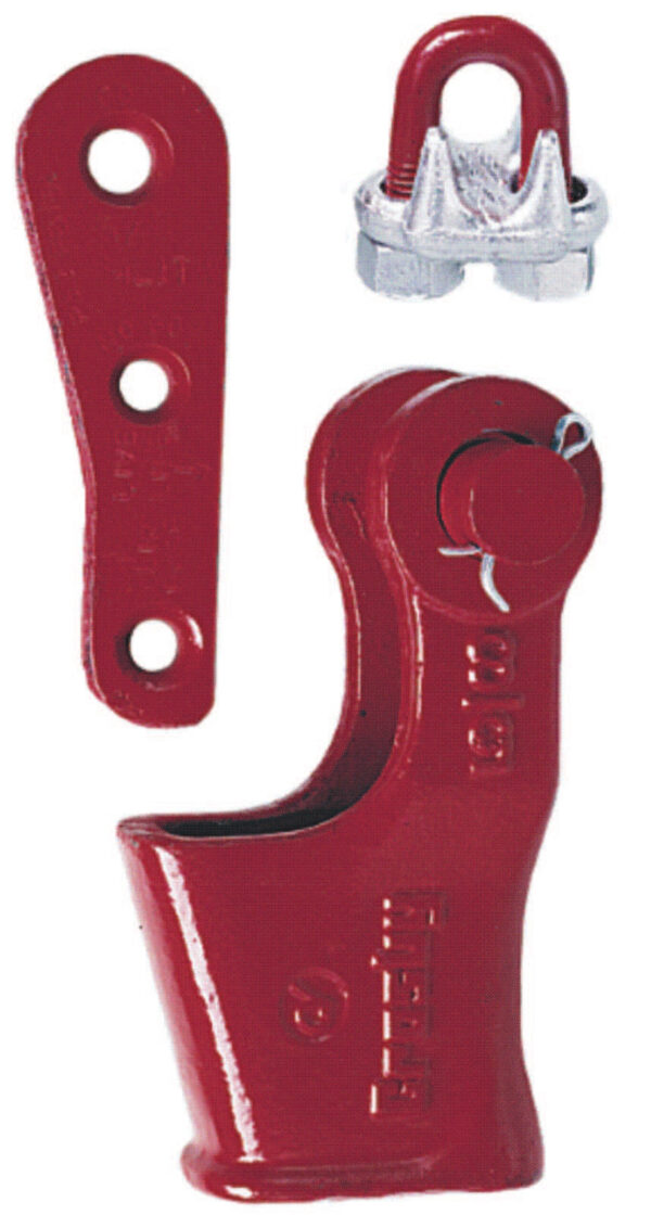 Red industrial lifting components, including a clevis hook and clamp, for secure rigging and fastening.