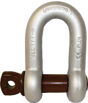 Heavy-duty metal shackle for lifting and rigging applications, displaying brand markings and safety certifications.