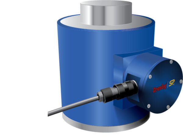 Blue hydraulic load cell illustration with attached cable, labeled Crosby | SP, for precise weight measurement.