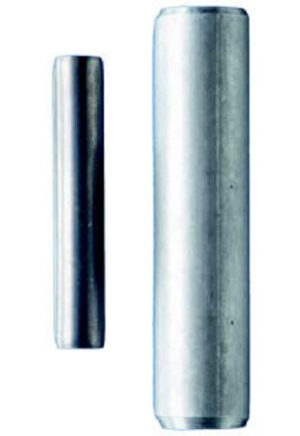 Two cylindrical metal dowel pins, one small and one large, displayed vertically on a white background.