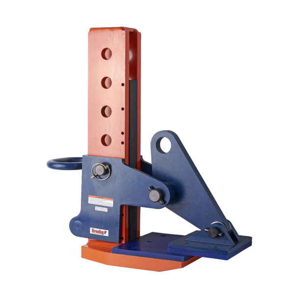 Heavy-duty mechanical jack with visible screws and levers, colored in blue and red, used for industrial lifting.